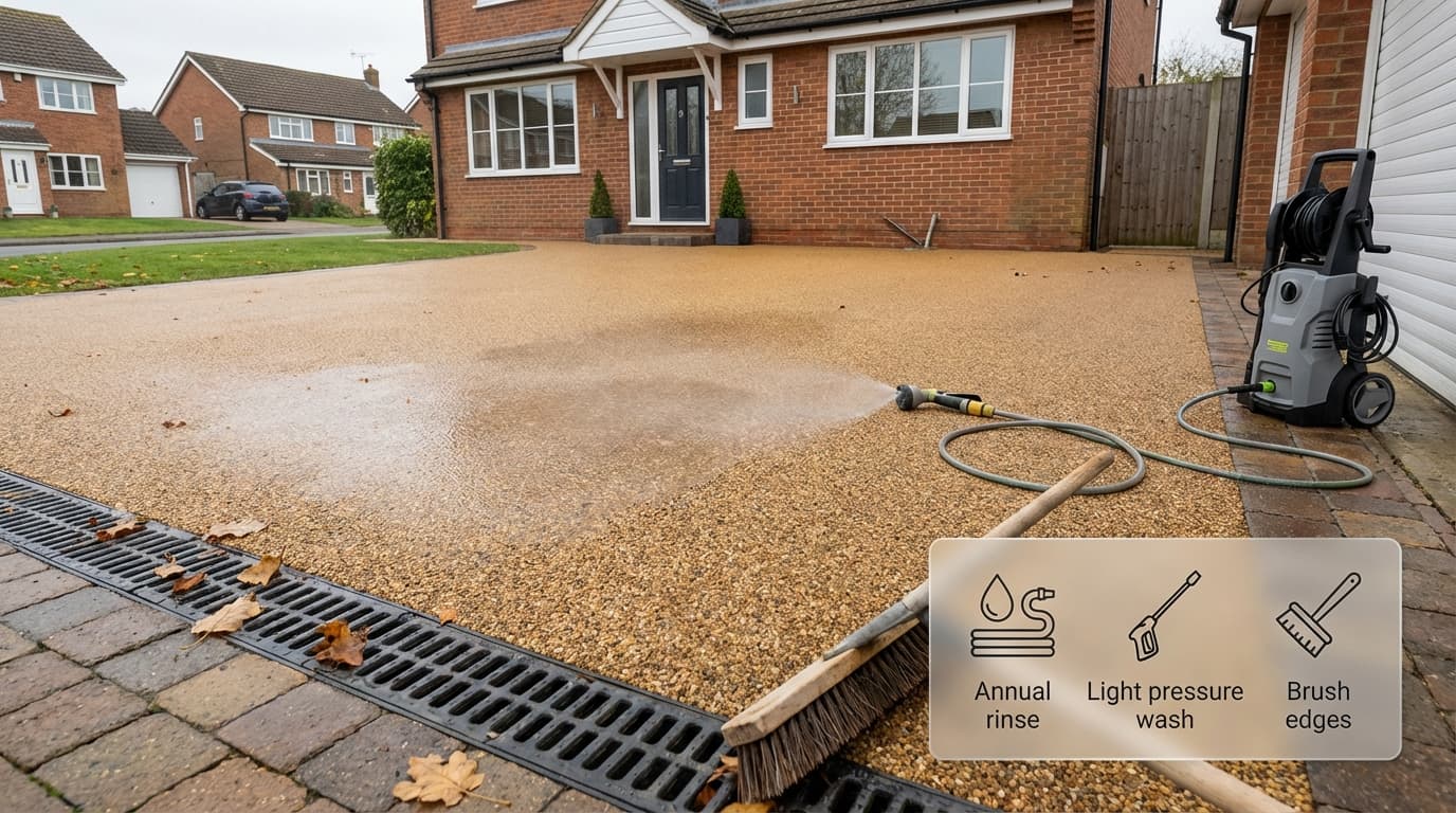 Homeowner sweeping a clean resin driveway showing the low-maintenance reality
