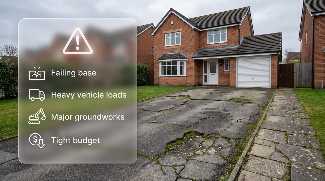Badly deteriorated driveway base showing a situation where resin overlay may not be appropriate