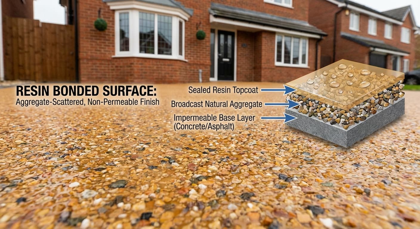 Textured resin bonded surface showing the aggregate-scattered non-permeable finish