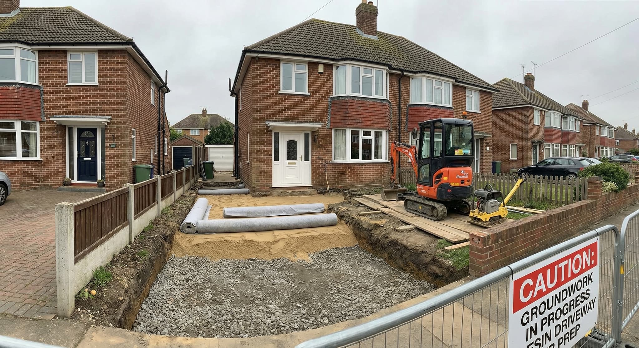Excavated driveway base showing groundwork preparation required before resin installation