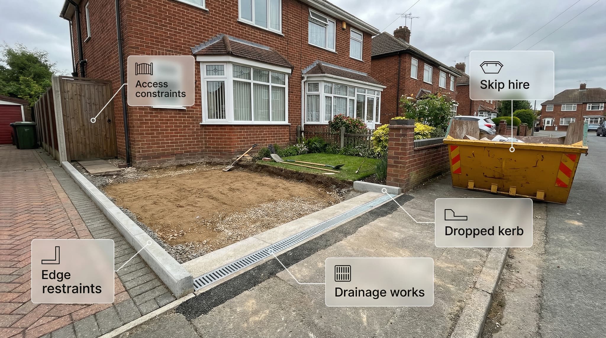 Driveway site with skip hire and edge restraints illustrating additional project costs