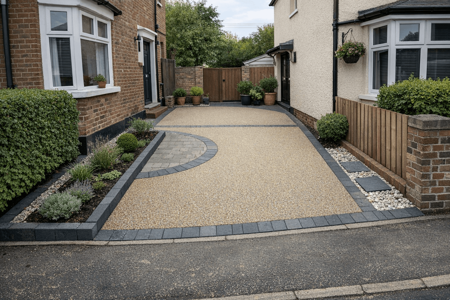 Narrow resin driveway layout with smart visual widening