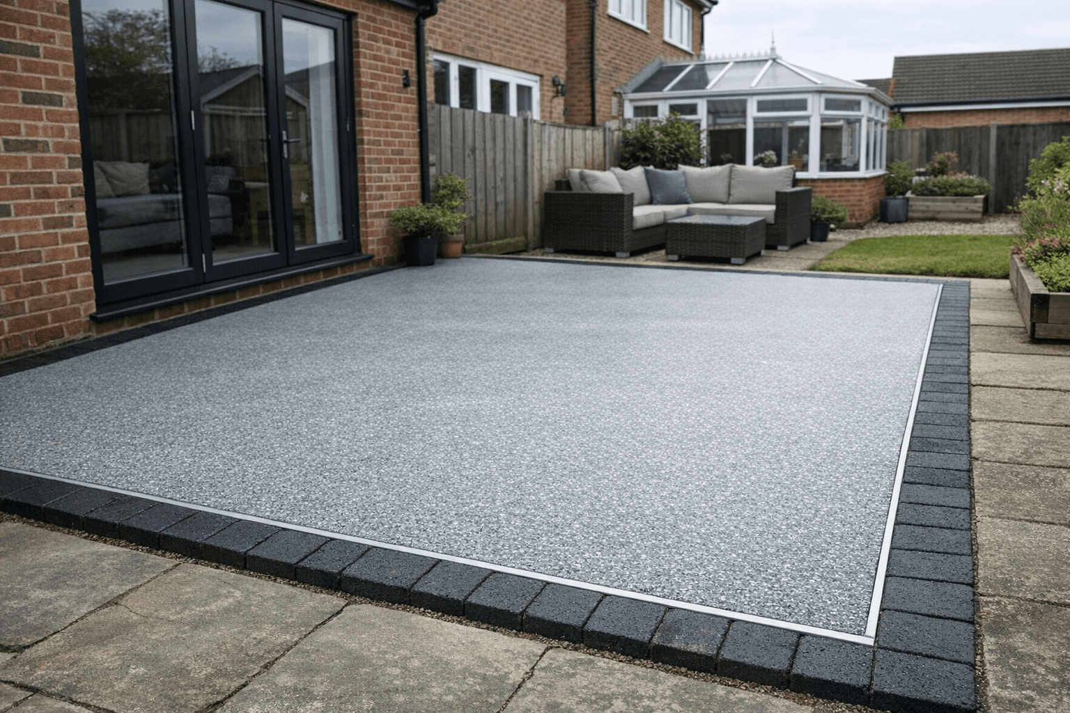 Silver grey resin patio with charcoal border and aluminium edging