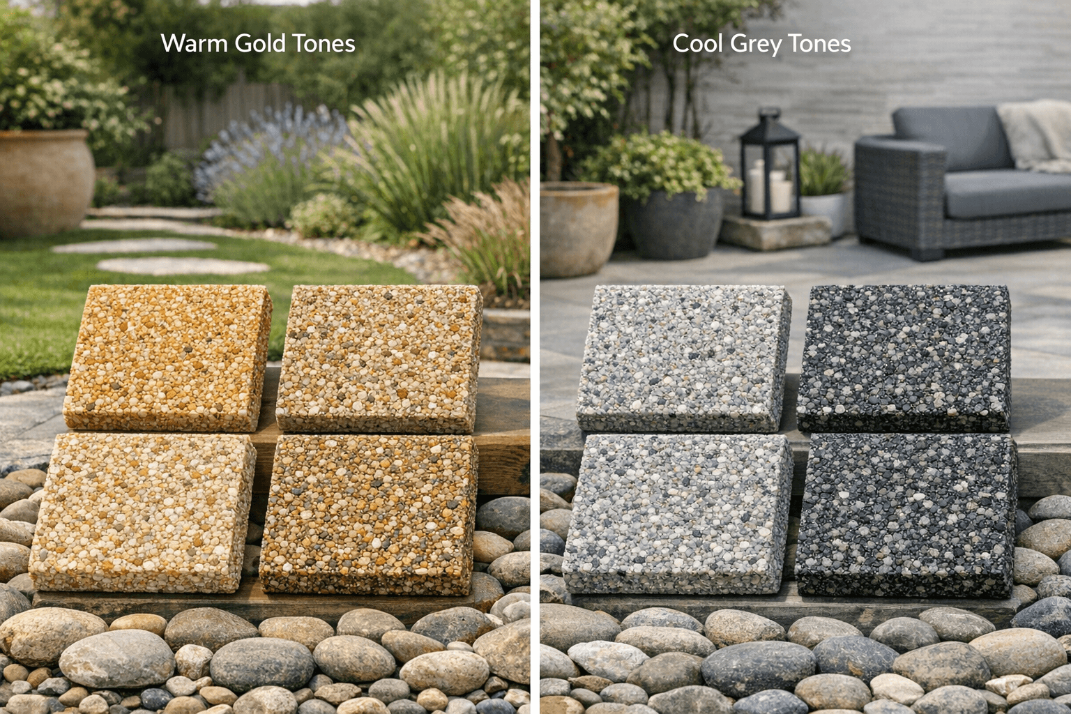 Range of resin patio colour samples showing warm gold and cool grey options