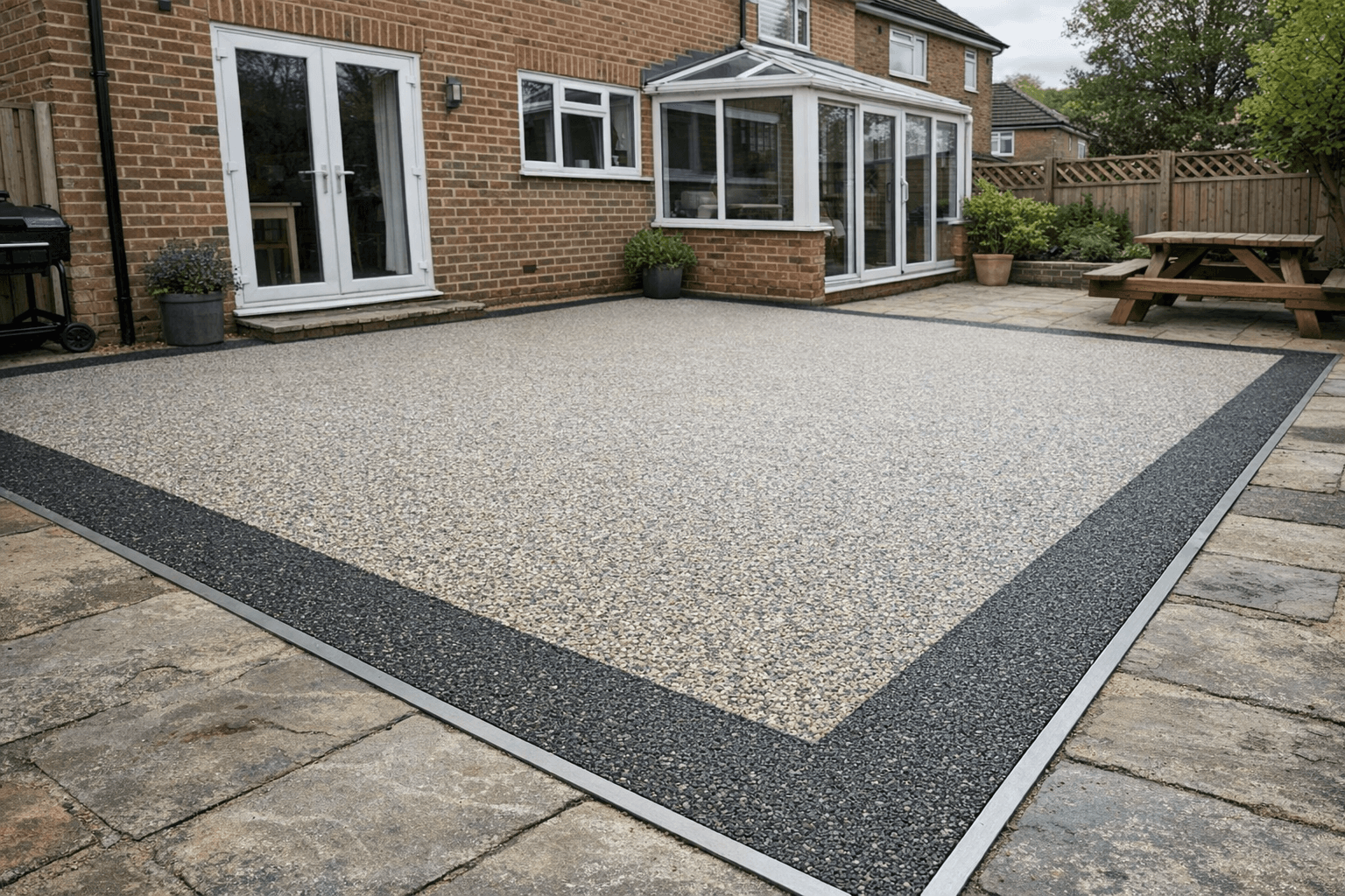 Resin patio with charcoal resin border and aluminium edging detail