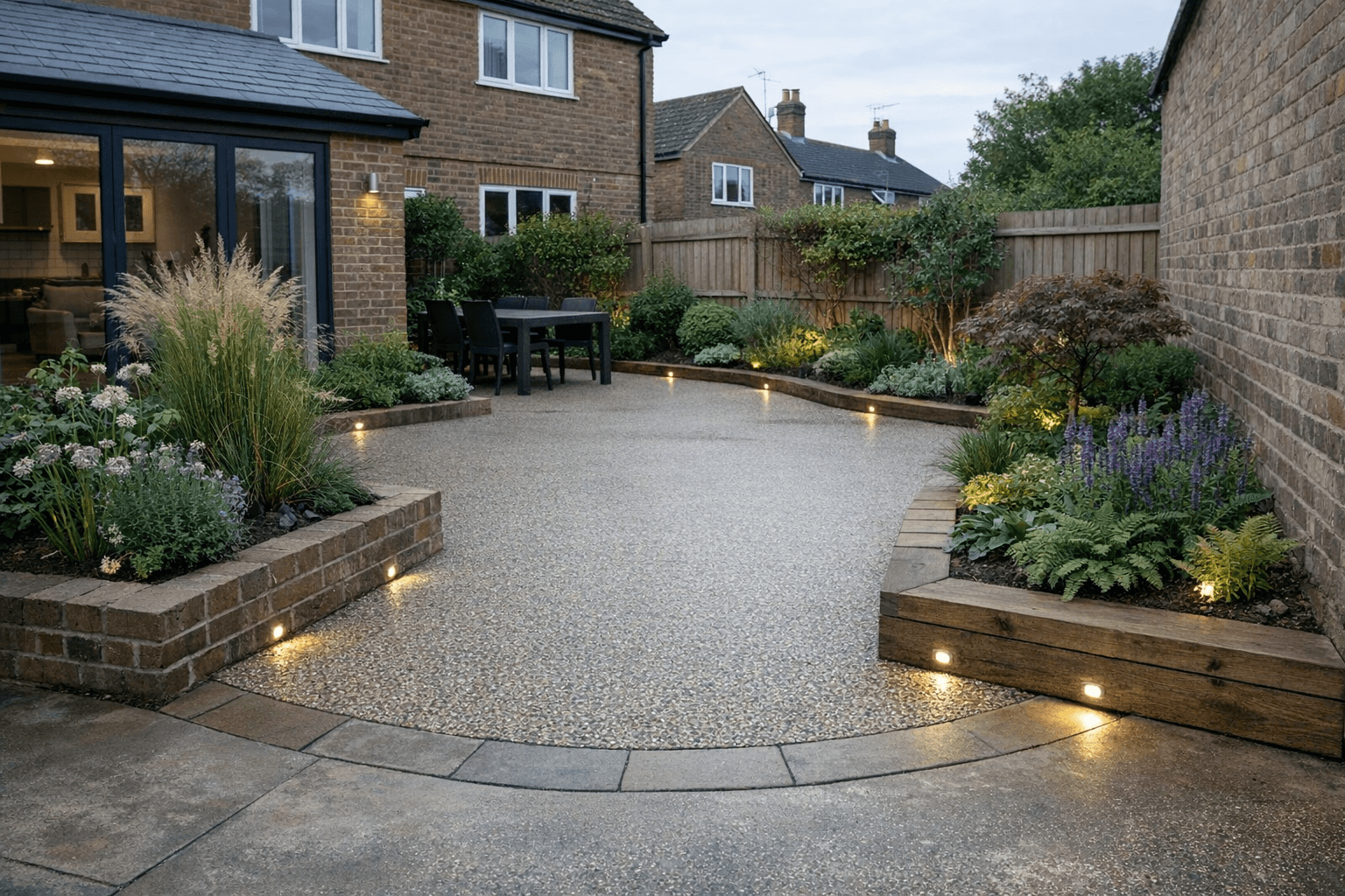 Resin patio with integrated garden lighting and planting borders