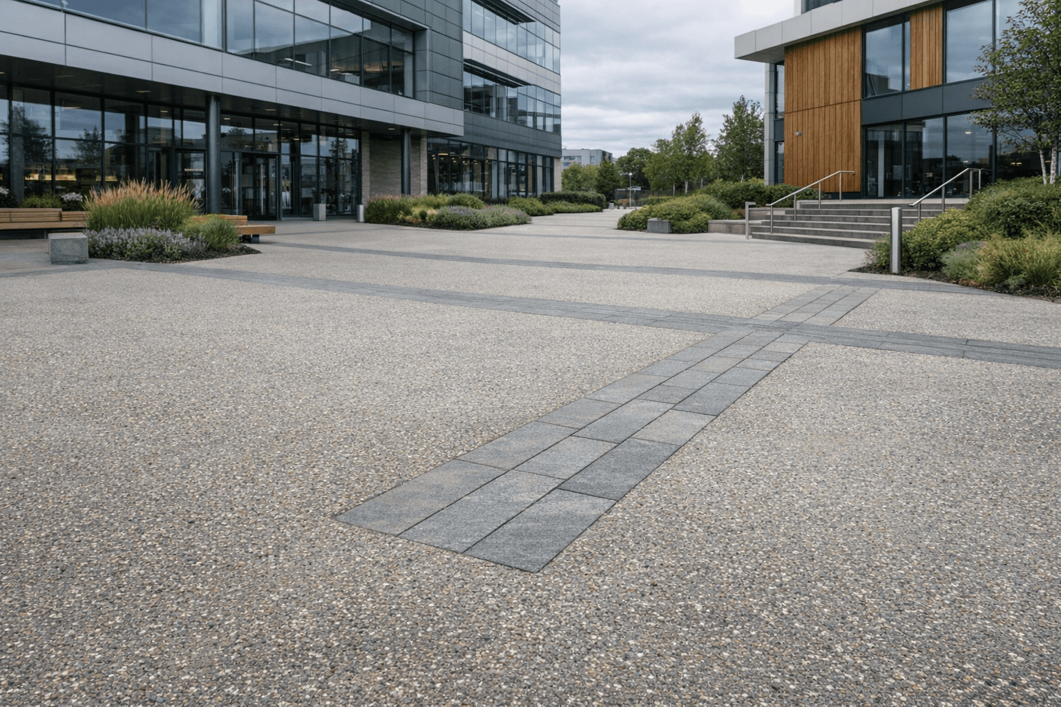 Commercial resin surface in front of modern office buildings