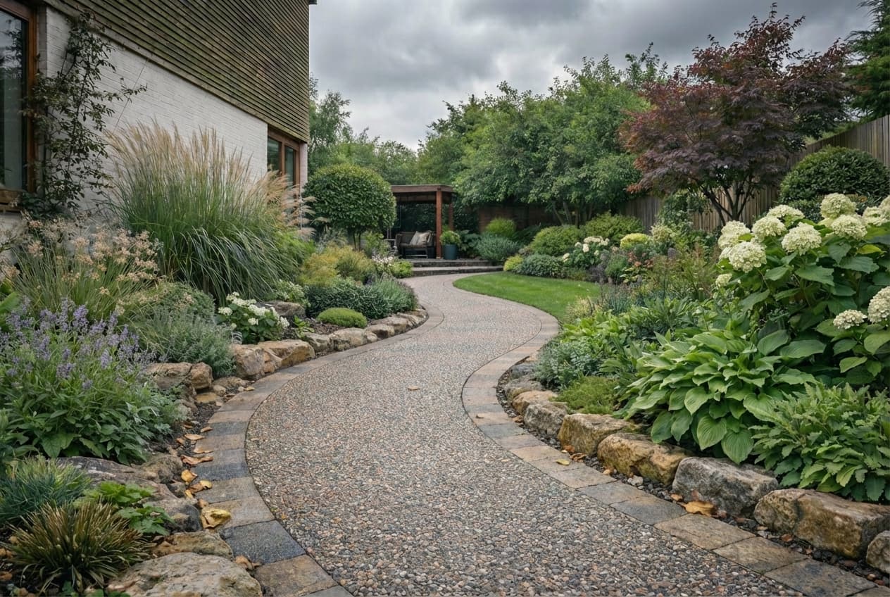 Curved pathway leading through a premium landscaped garden