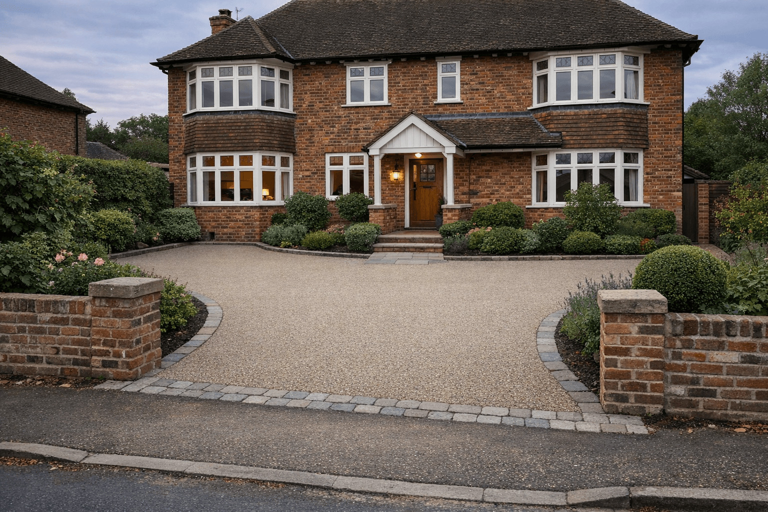 Wide resin driveway matched to house architecture