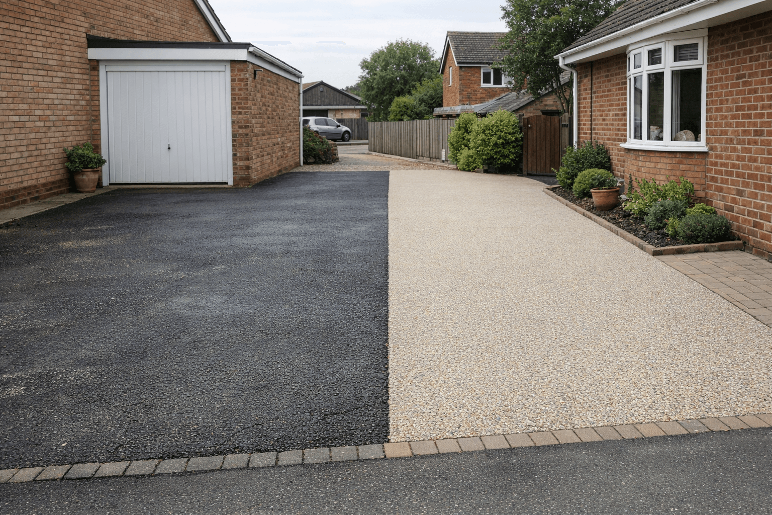Tarmac driveway next to resin driveway showing visual difference