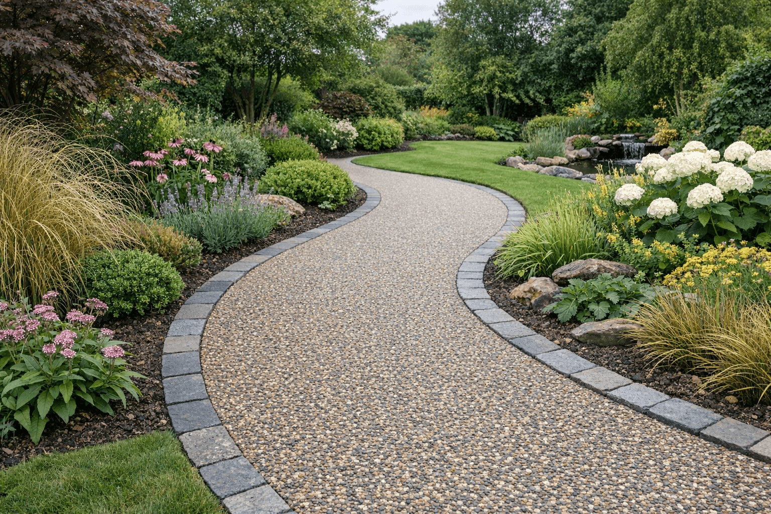 Curved pathway leading through a premium landscaped garden