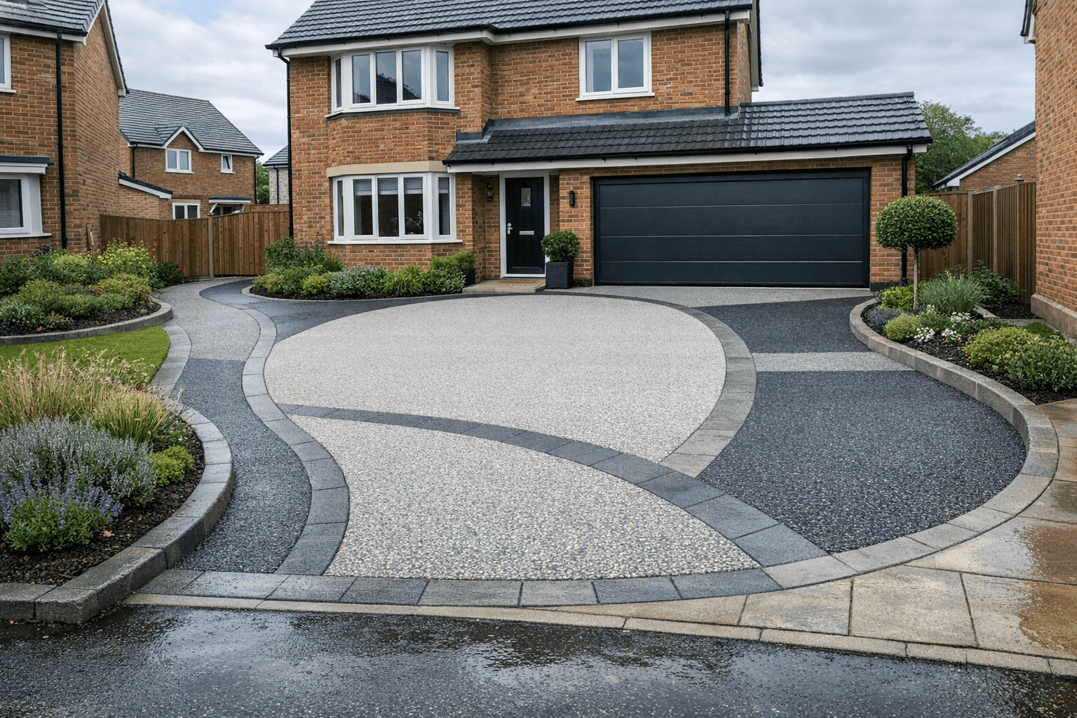 Curved resin layout with decorative flow lines