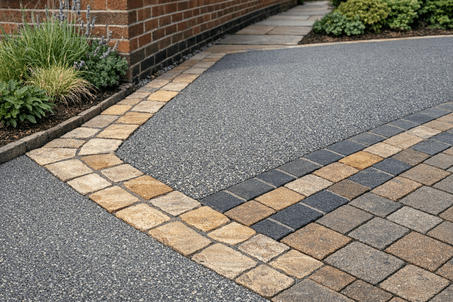 Resin surface integrated with stone border features