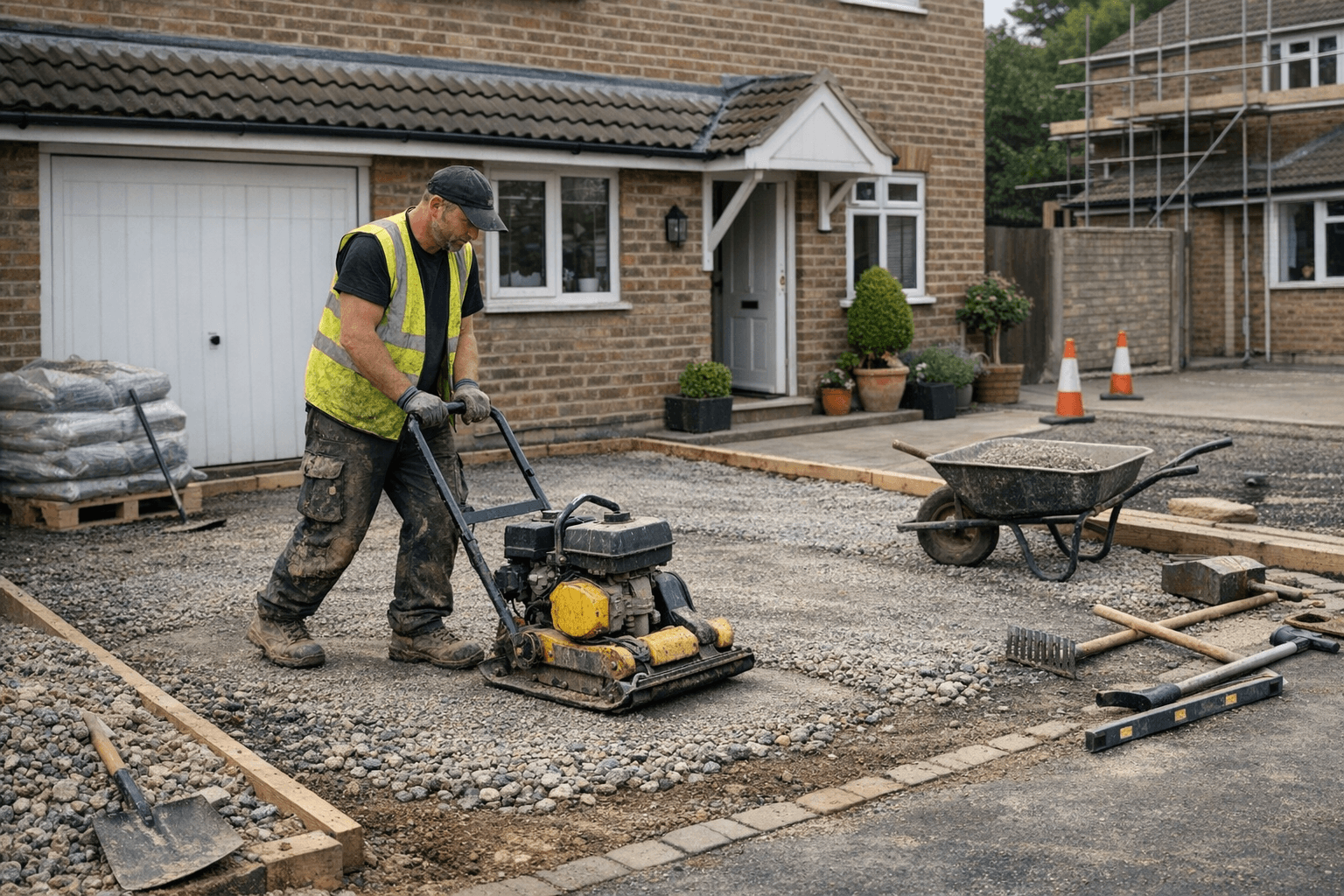 Contractor preparing a compacted sub-base for resin driveway installation