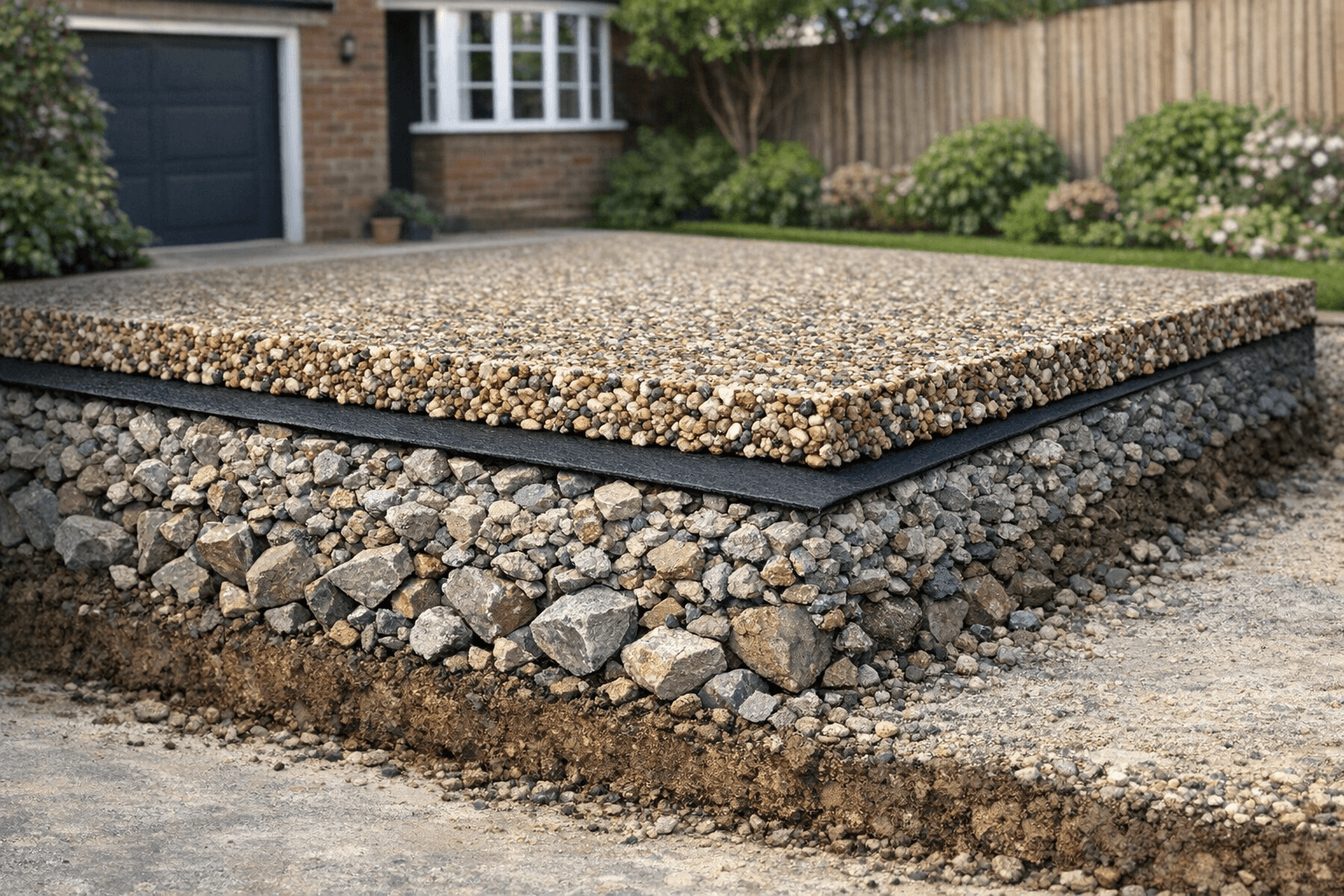 Layers of a resin driveway sub-base including aggregate and membrane