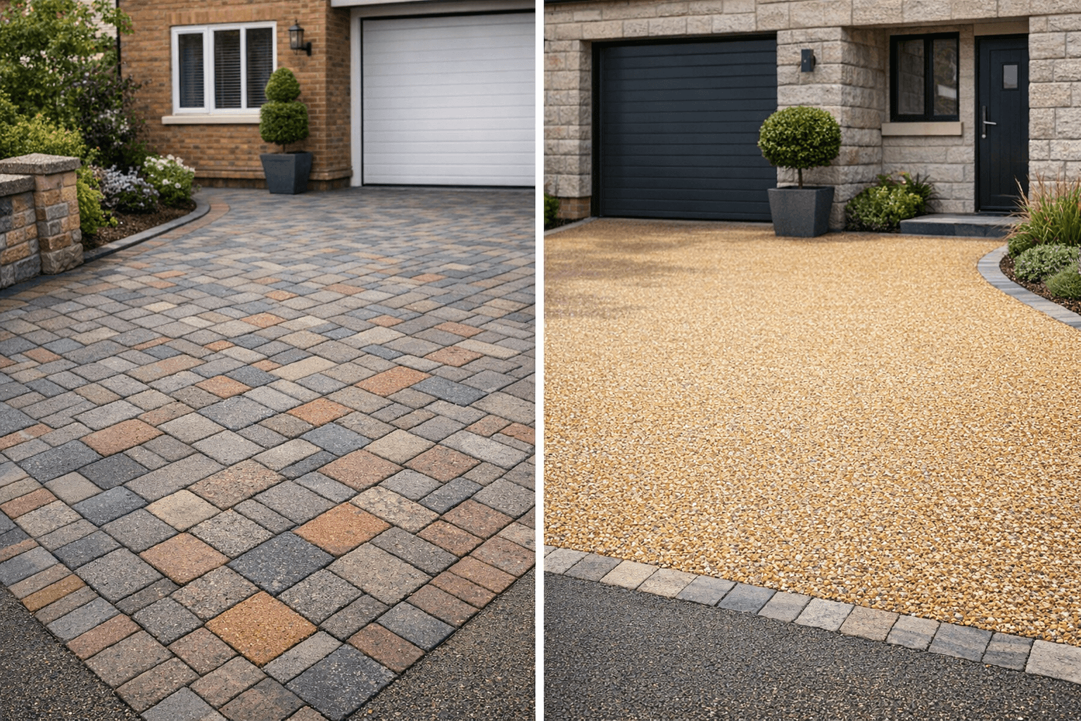 Side-by-side comparison of block paving and resin driveway finishes