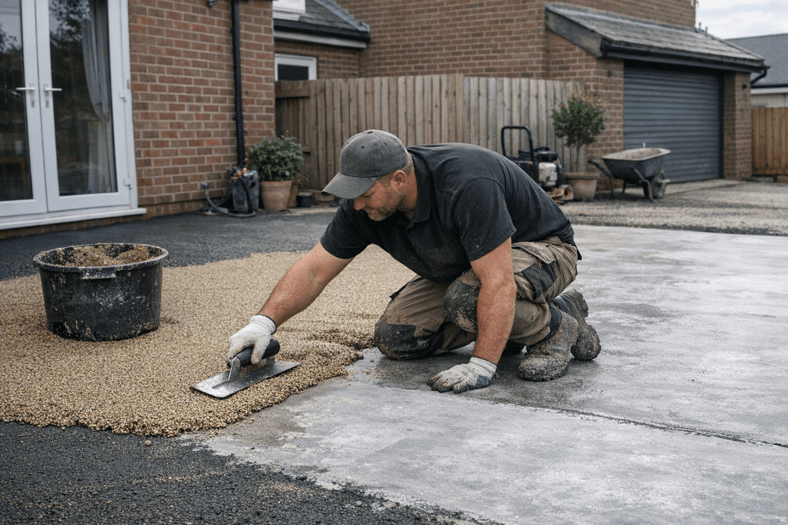 Professional installer trowelling resin mixture over a primed concrete base