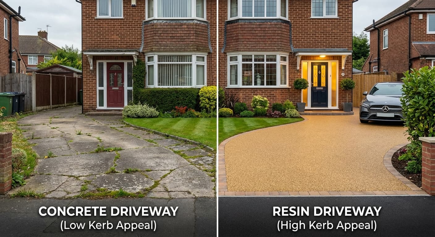 Side-by-side view of concrete driveway and resin driveway showing kerb appeal difference