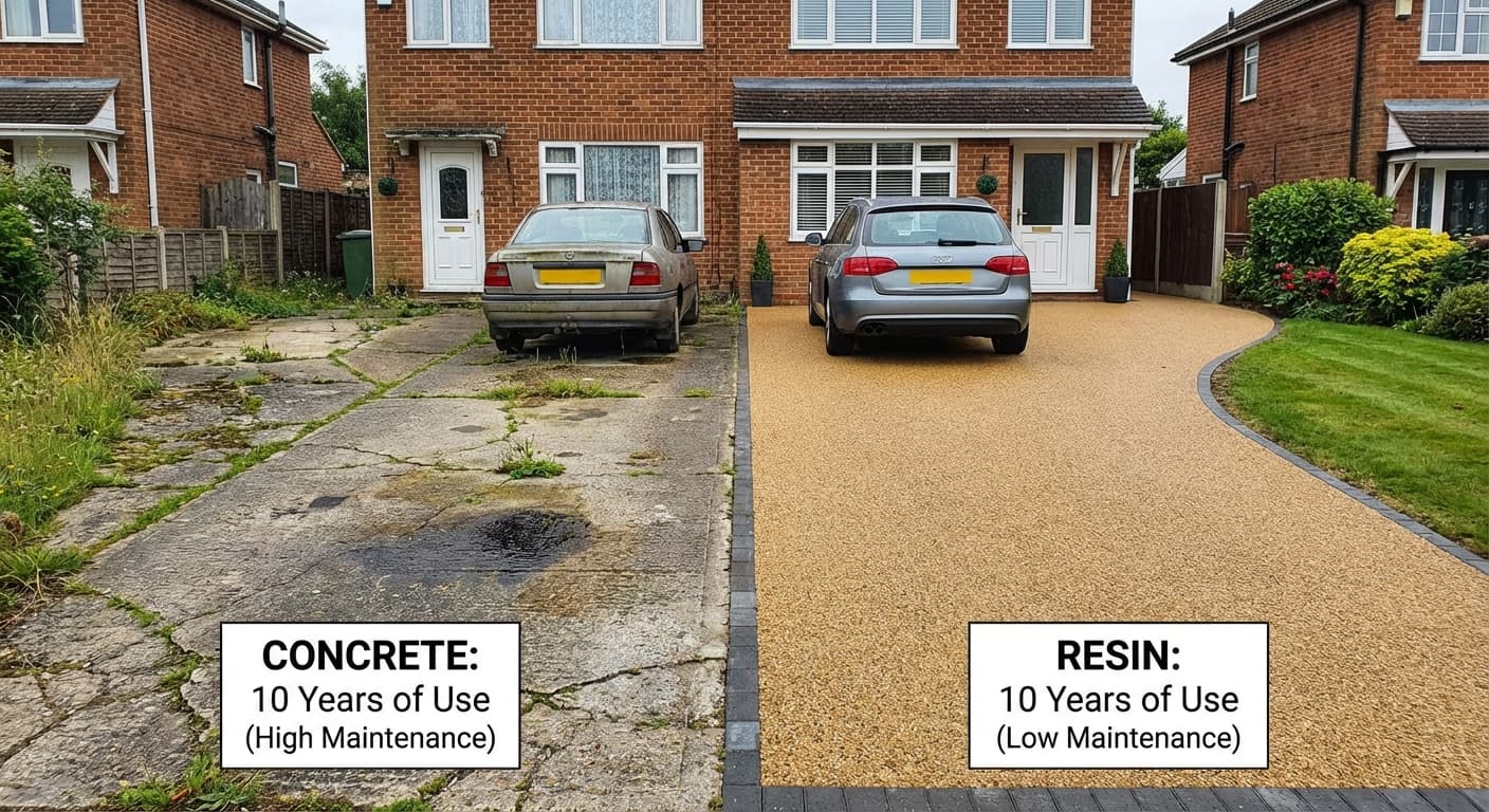 Resin driveway surface after years of use showing low-maintenance finish compared to concrete