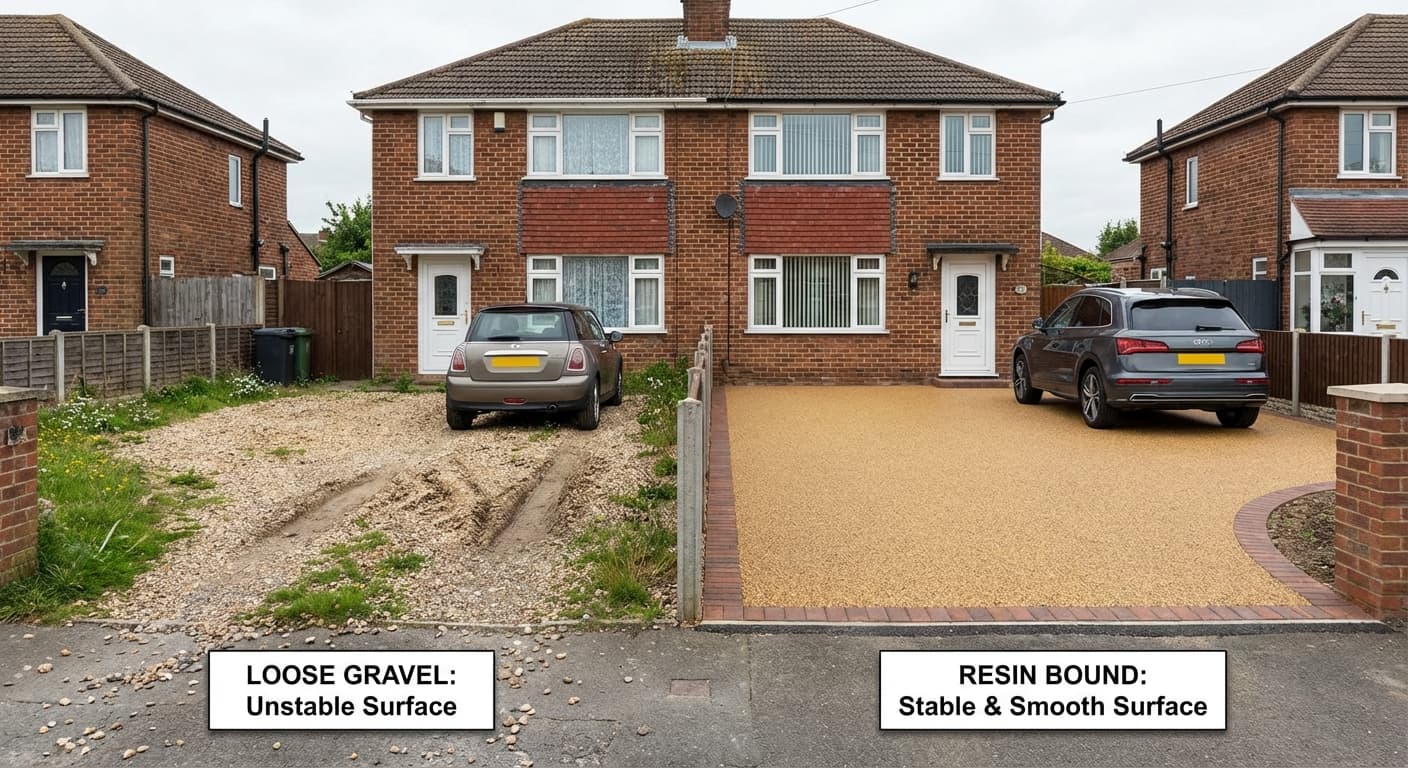 Comparison of loose gravel driveway and smooth resin bound drive showing surface stability