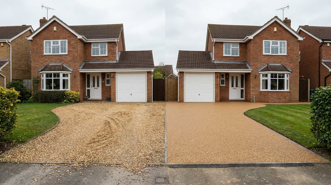 Neat resin drive next to a gravel driveway showing the finish and kerb appeal contrast