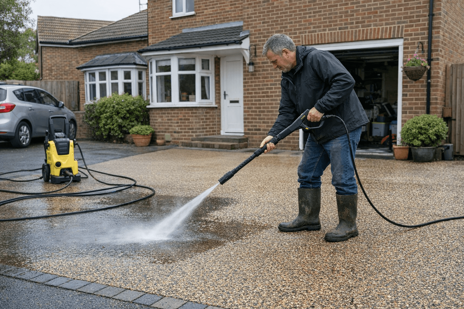 Homeowner cleaning a resin driveway with a pressure washer