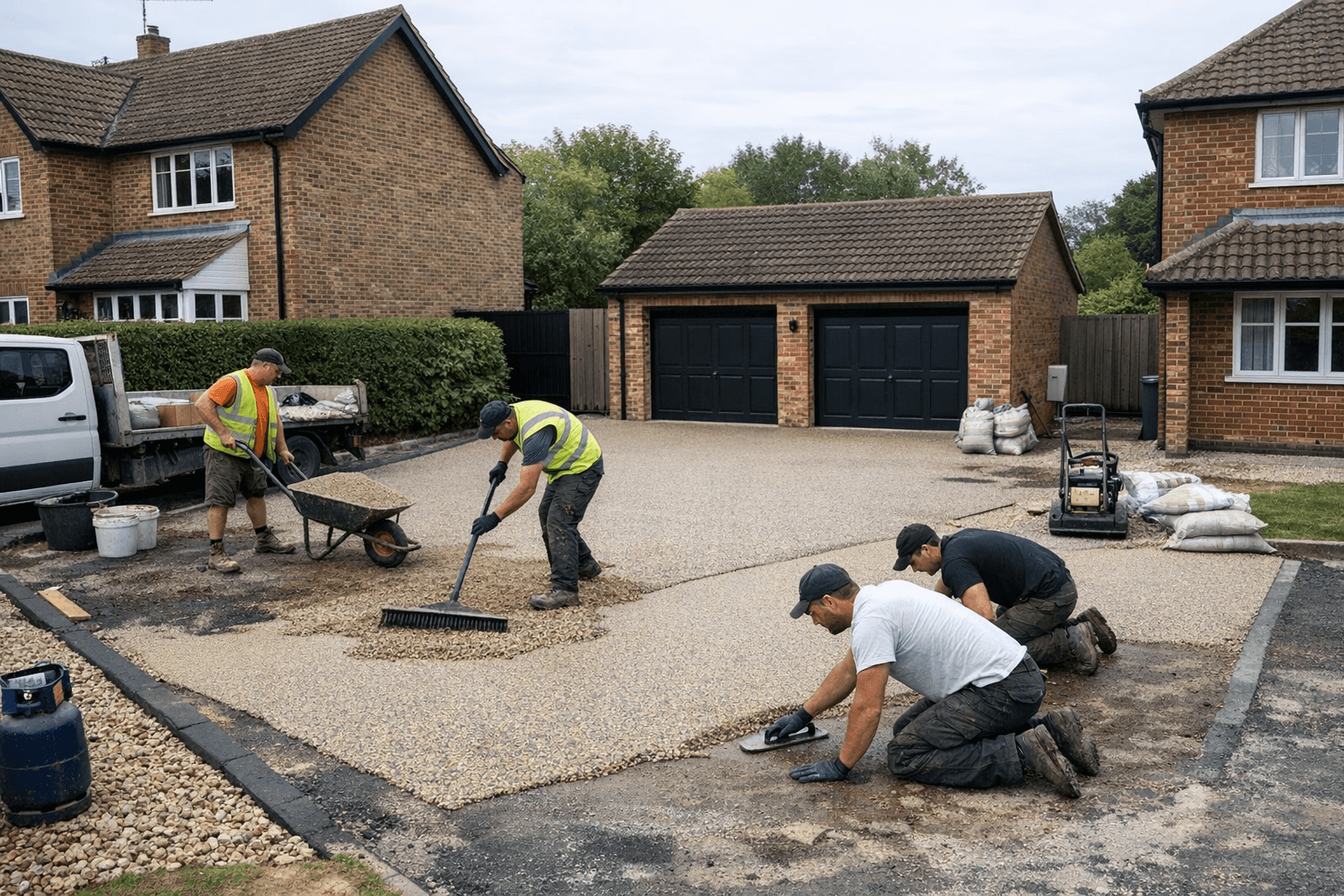 Professional resin driveway installation team at work