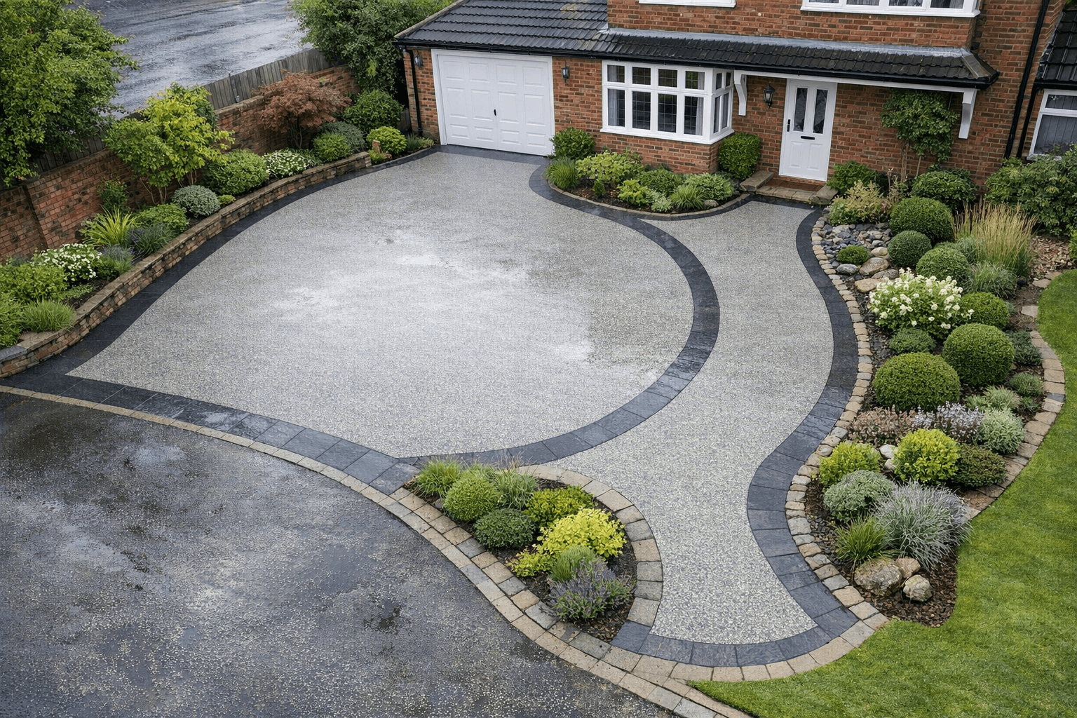 Curved resin layout with decorative flow lines