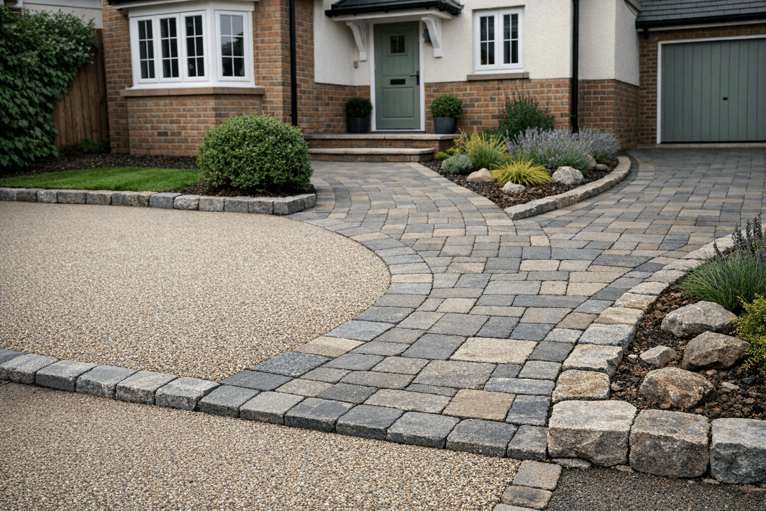 Resin surface integrated with stone border features