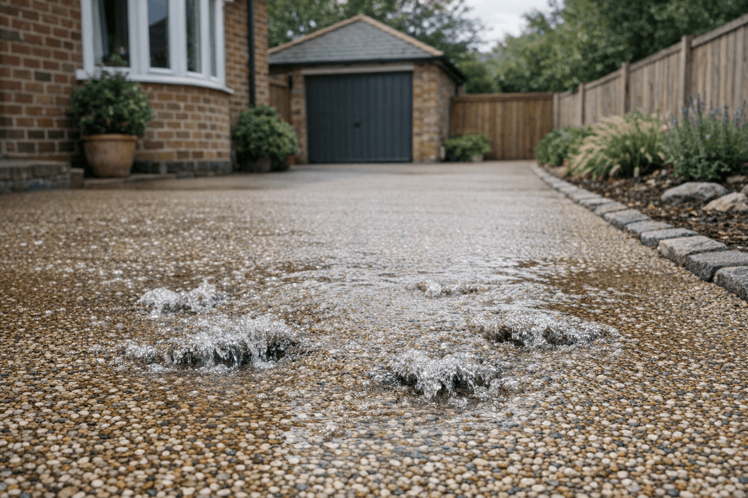 Water draining through a permeable resin bound surface
