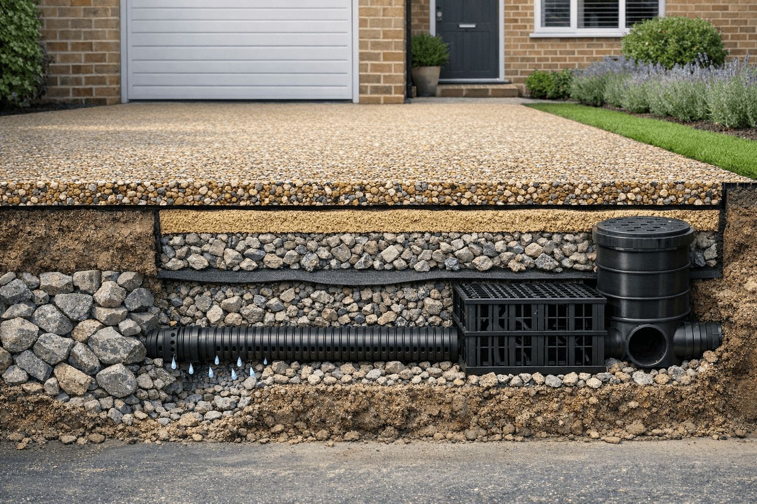 Diagram showing drainage design beneath a resin driveway