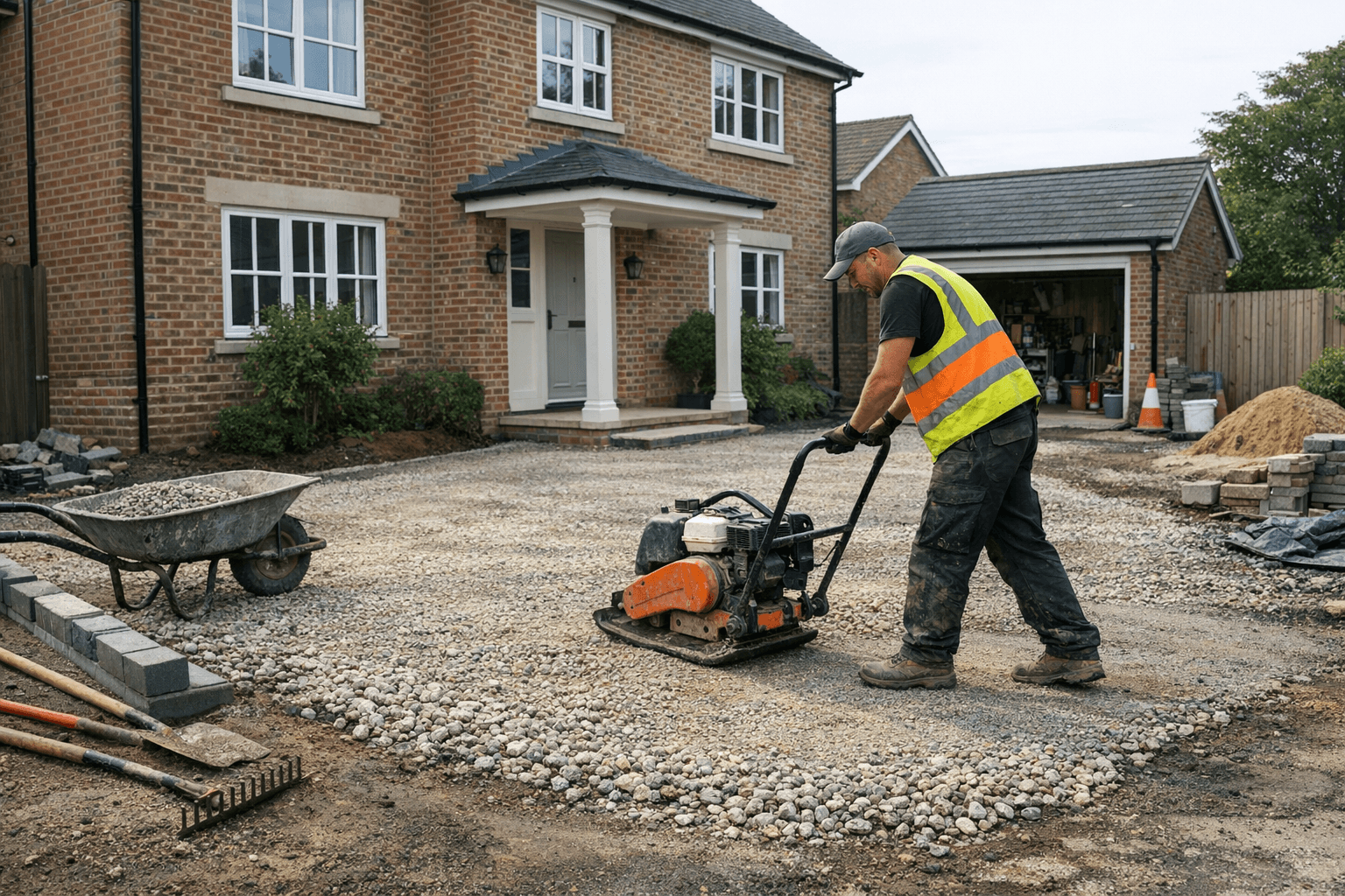 Contractor preparing a compacted sub-base for resin driveway installation
