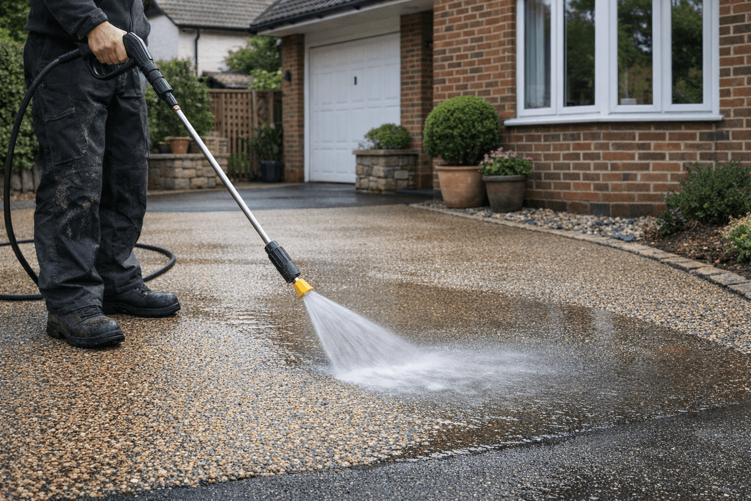 Pressure washing a resin bound driveway with a fan nozzle