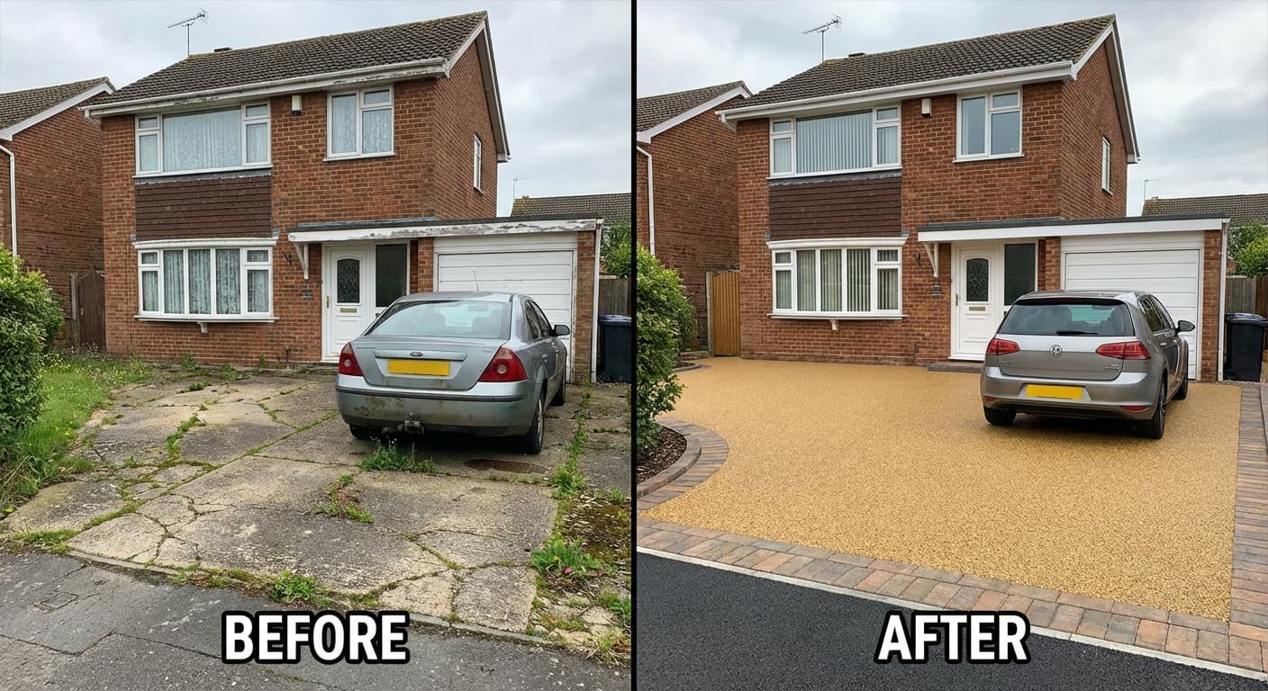 Before and after resin driveway transformation replacing cracked concrete with smooth resin bound finish
