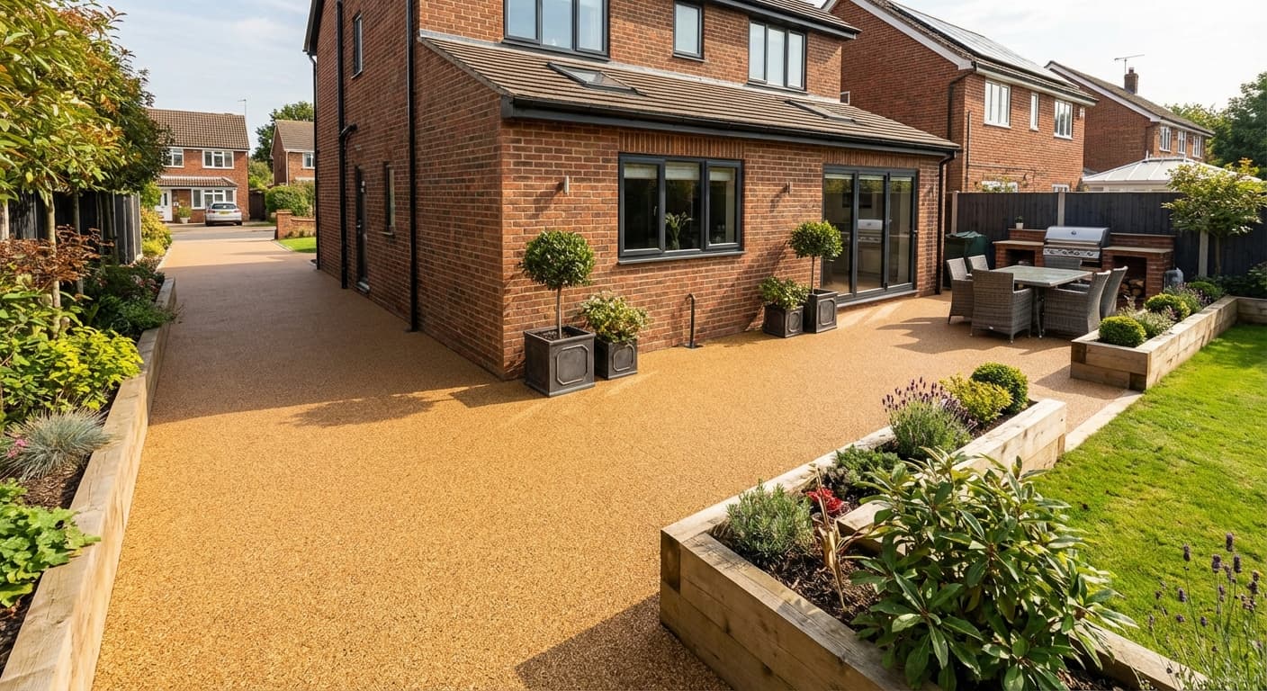 Resin bound patio and garden pathway showing seamless finish extending from driveway to outdoor living area