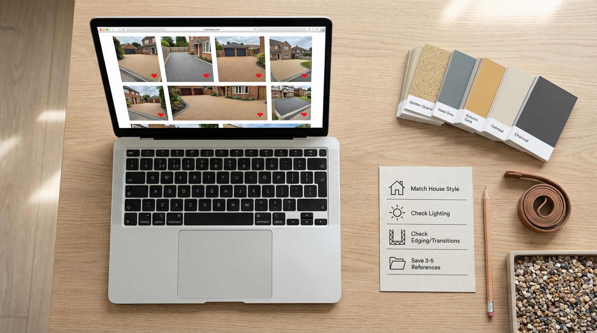 Homeowner browsing resin driveway gallery images on a tablet while planning a project