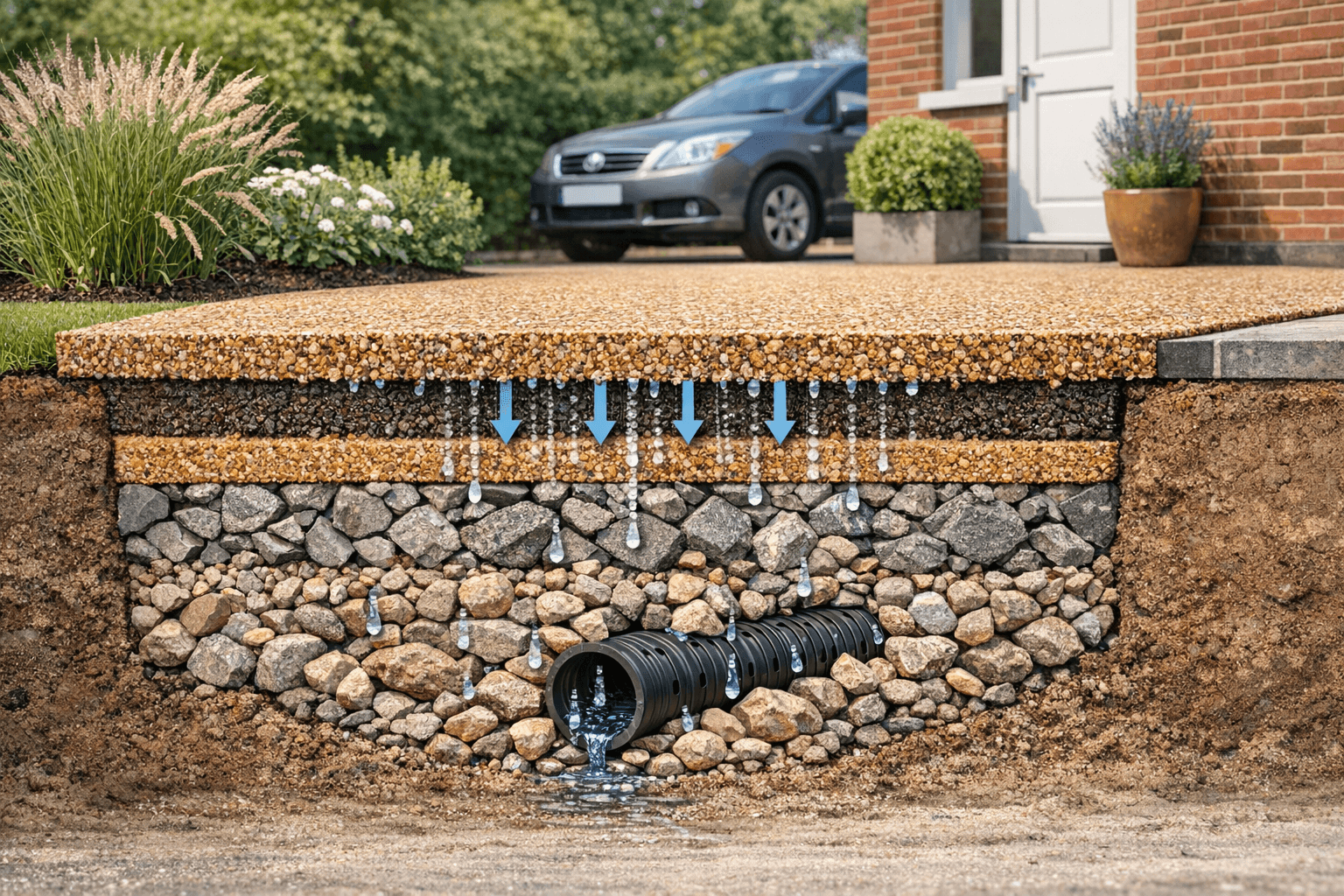 Cross-section diagram showing resin bound surface water drainage