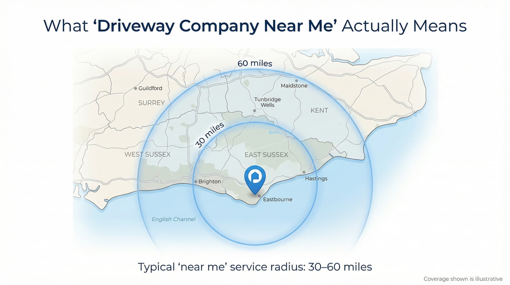 Map of South East England showing Go-Resin local driveway coverage area
